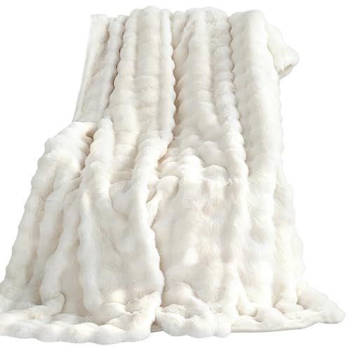 Fuzzy Werfen Bubble Decke, Weiße Plüsch Weiche Gemütliche Couch Bett Decke, Doppelseitige Warme Fluffige, 63 x 79 In / 160 cm x 200 cm Geprägte Wellige Textur, Niedriges Abgießen, Maschinenwaschbar