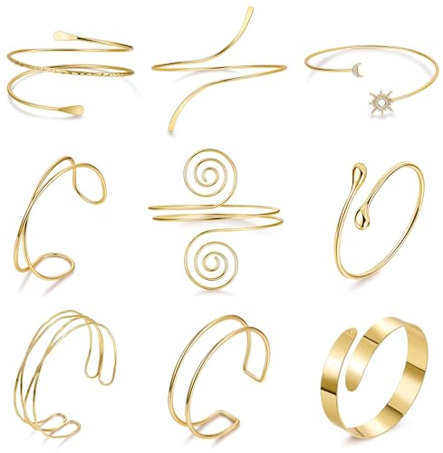 SOMEITIA 9Pcs Arm Cuff Bracelets Gold Upper Arm Cuff for Women Adjustable Upper Arm Bangle Bracelet Minimalist Irregular Arm Bangle Armband Coil Swirl Armlets Armband Jewelry Set StyleA Gold