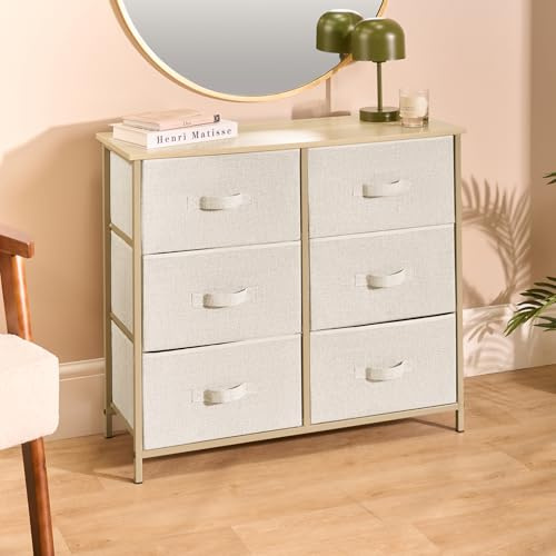 OHS Brooklyn 6 Chest of Drawers Fabric Cabinet, Canvas Drawers Storage Organizer with Sturdy Frame & Wood Top Space Saving Dresser Drawer for Bedroom Living Room Closet, Beige