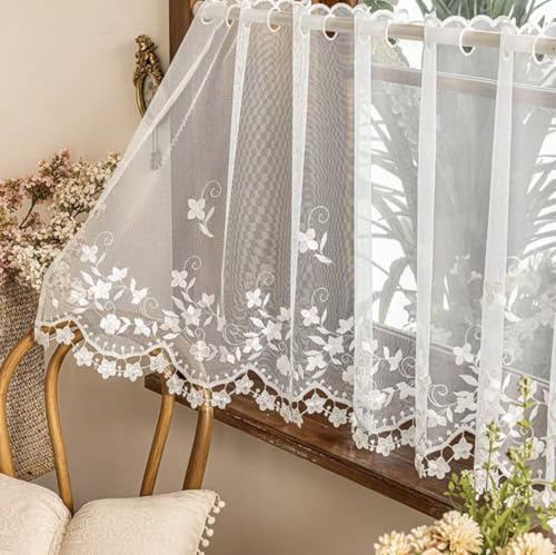 Devola Transparent Scheibengardine mit Blumenstickerei HxB 45x150cm 1 Stück | Elegante Kurzgardine Bistrogardine Romantisch Kleine Fenstergardinen Fertiggardinen Dekoration für Küchen Wohnzimmer Landhaus
