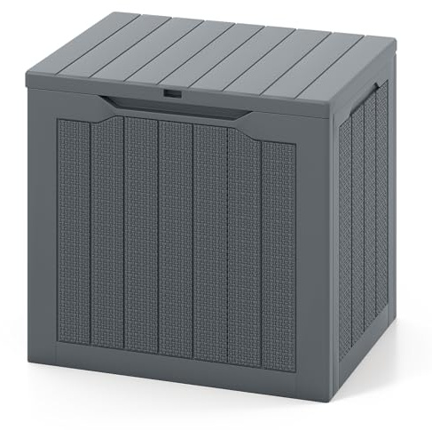 GIANTEX Baúl de Almacenamiento de Exterior de 96 L, Arcón Impermeable con Tapa con Cerradura y Textura Trenzada de Ratán, 56 x 41 x 50,5 cm, Caja Multifuncional para Jadín, Patio, Terraza (Gris)