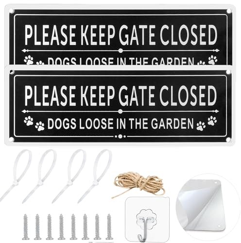 Please Close The Gate Sign,Beware of The Dog Sign Outdoor,Dog Signs for Gates Metal Warning Plaque with 4 Installation Methods,Stainless Steel Rustproof for Garden Fence Door,25x9cm Black 2 Pack