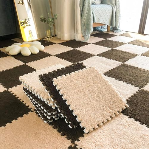 7UIYgtyO LNNNW Plush Piezas Alfombra Puzzle Alfombras de Empalme de Espuma entrelazadas, 10 Piezas, losetas de Alfombra peludas Suaves, alfombras de Juegos de Fitness(Dark Coffee+Apricot)