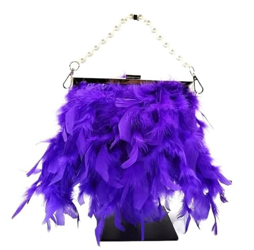 DKJAHSEK Fjädrar Pochette Kvällar Vårväskor och Handväskor för Kvinnor Party Aftonväska Axelväska Pärla Kedja Brudväska, Lila, 20x5x18 CM