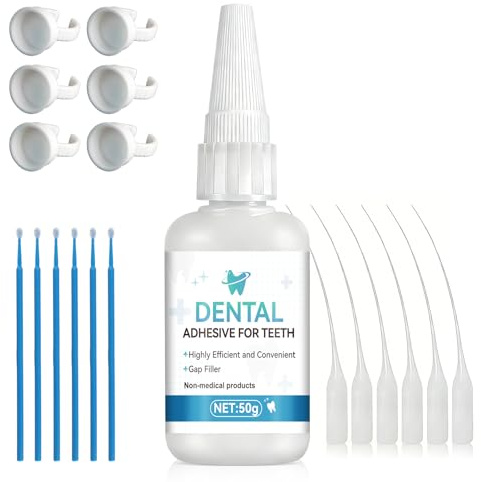 Cemento Dentale Definitivo, Cemento per Denti, Colla per Denti, 50g | Resistente Calore e All'acqua, Colla per Tecniche Odontoiatriche e Artigianato, 6 Cotton Fioc + 6 Stabilizzatori