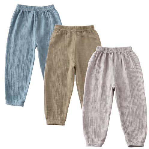 AOOPOO Confezione da 3 Pantaloni Estivi in Lino per Neonati e Bambini Piccoli, Pantaloni Lunghi Leggeri e Traspiranti Estivi Harem Sottili da Jogging per Bambino
