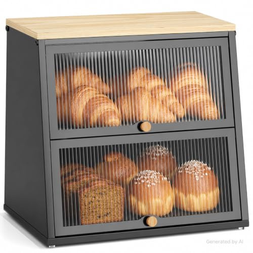 KINGRACK Kitchen Bread Storage Cabinet, Black | Two Tier, Semi-Transparent Door Panel, Metal, Wooden Top Shelf, Kitchen Worktop Storage