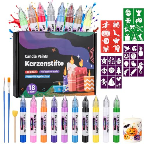 Zoyomax set med 18 färger, 15 ml vaxpennor för ljus – ljuspenna för målning, utsmyckning, design och gör själv, för halloween och jul, med 3 penslar och 4 stenciler