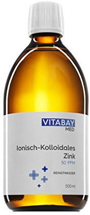 Vitabay Kolloidales Zink 50 PPM • 500 ml • Hochdosiert • Reinheitsstufe 99,99% • Ohne weitere Zusätze • Abgefüllt in einer Braunglasflasche • Made in Germany