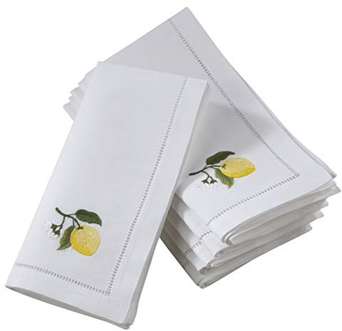 Handmade Lemon Embroidery Napkin with Hemstitched Border (Set of 6)
