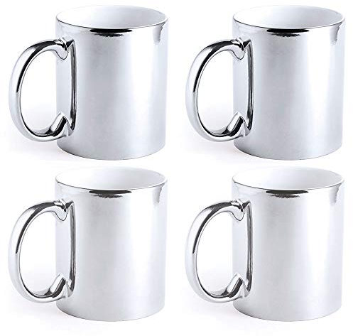 eBuyGB Metallic Large 350ml Ceramic Tea Coffee Mugs, Set of 4 (Silver)