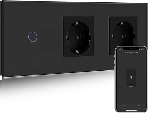 BSEED Enchufe Doble Normal con Interruptor de luz WiFi,Compatible con Alexa y Google Home,Control de APP y Función de Temporizador,1 Gang 1 Vía WiFi Interruptor de Luz con Enchufe Doble Negro