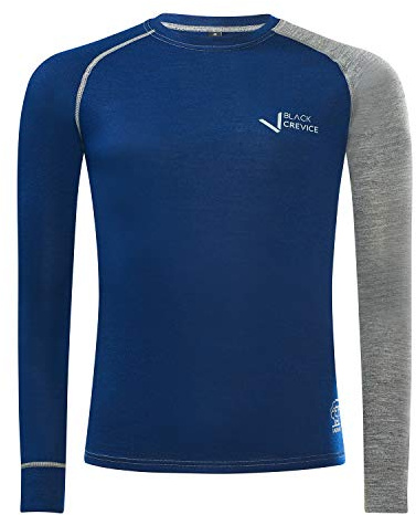 Black Crevice Camiseta Interior de Lana Merino de Manga Larga para Hombre, Azul/Gris, L