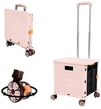 Faltbare Einkaufstrolley-Box auf Rädern mit Deckel, verschleißfester, geräuschloser 360 ° -Drehung und verstellbarem Kofferraumwagen aus Aluminiumlegierung, Tragkraft 45 kg Tragbarer langlebiger | Abnehmbare Räder, verstellbarer Aluminiumgriff, Bremsen hinten, robuster Faltbehälter, Einkaufen, Camping, Rosa