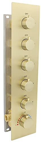 HOMEDEC Multi Function Shower Diverter Valve with Trim, 5 Port Concealed Brass Thermostatic Mixer Shower Control Valve Kit Replacement(5-Way, Brushed Gold)