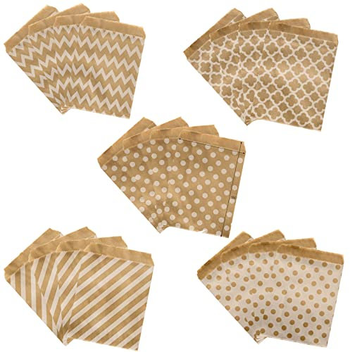 100 Stück Kraft Flachbeutel, Süßigkeiten Tüten Papier, Gift Paper Bag, Gelten für Geburtstagsfeiern, Firmenfeier, Hochzeit Süßigkeiten(5 Modelle)