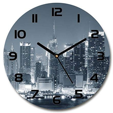 Tulup Glasuhr ⌀ 60cm - Schwarze Zeigern - Wanduhr Wandkunst Bild Gehärtetem Glas Uhr Echtglas Küche Wohnzimmer - Manhattan New York