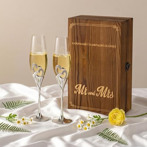 Inweder Champagneglas bröllopsgåvor: Uppsättning av 2 kristallchampagneglas med presentförpackning i trä herr & fru silver Prosecco-glas för förlovning årsdag brud dusch brud brudgum par