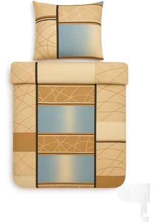 Julido Parure de lit avec housse de couette 135 x 200 cm et taie d'oreiller 80 x 80 cm, housse de couette et taie d'oreiller en flanelle de coton, beige et bleu, certifié Oeko-Tex