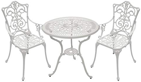 DEGAMO Gartenset Bistroset in Jugendstil Optik 3-teilig, Aluguss weiß, wetterfest, 2X Sessel und 1x Tisch 70cm rund, Outdoor