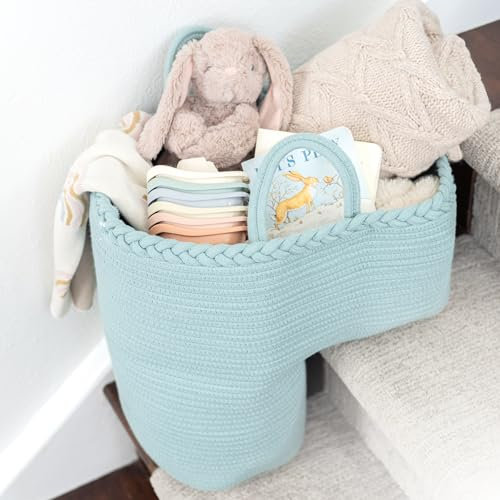 Treppenkorb für Teppich- und Holztreppen, Griff aus Baumwollseil, Aufbewahrungskorb für Wäsche, Spielzeug, Kinderzimmer, Seeschaumgrün, 40 cm L x 20 cm B x 40 cm H