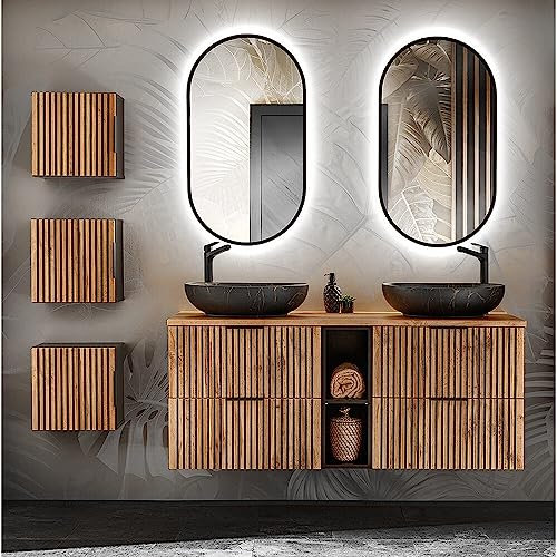 Lomadox Badezimmer Set 6-teilig Doppel Waschtisch mit Regal Aufsatz Waschbecken 3 Hängeschränke 2 LED Spiegel anthrazit mit Eiche Nb. schwarz gerillt