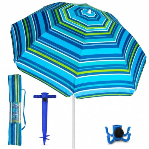 Pincho Sombrilla Playa Grande Familiar 200 cm, Sombrilla Playa Anti Viento UV50 Inclinable con Ventana, Soporte Anclaje, Bolsa Transporte y Percha, Tubo Aluminio, 8 Varillas Flexibles Fibra Vidrio