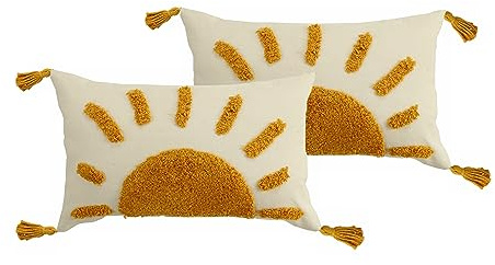 Labilin Boho Dekokissenbezüge 30 x 50 cm, Gewebte Getuftete Sonnen-Lendenkissenbezüge mit Quasten, Moderner Abstrakter Kissenbezug 2-Teiliges Set für Sofa, Schlafzimmer, Wohnzimmer, Heimdeko