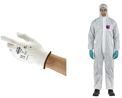 Ansell EDGE 76-200 Mehrzweckhandschuhe,Nahtloser Handschuh für Komfort bei Tragezeiten,Weiß, Größe L (12 Paar) + AlphaTec 1500 Model 138, Chemikalienschutz Type 5/6, Weiß, Größe L (1 Stück)