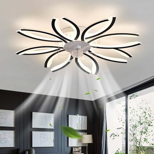 Grand Ventilateur de Plafond Avec Lumière Dimmable, Chambre Silencieux Avec Lumiere Et Telecommande APP, Réversible 6 Vitesses Lustre Timer