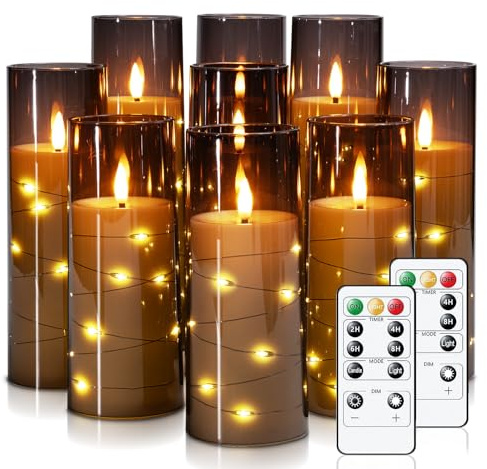 Raycare Flameless Candle with Remote Timer – 9 Flickering Acrylic Battery Operated LED Pillar Candles with Embedded Star String for Christmas, Home Decor, and as a Gift(Grey)