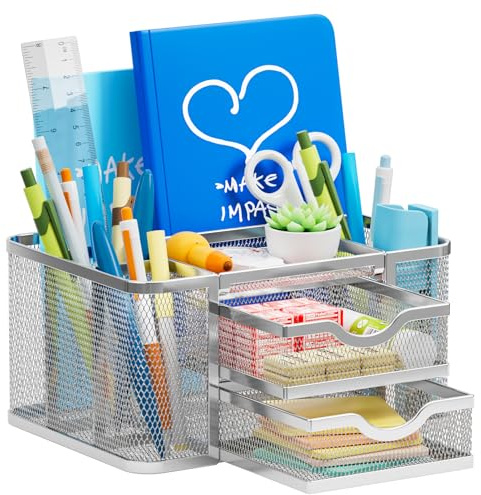 Marbrasse Organizer Scrivania con Cassetti,Porta Penne da Scrivania in Rete Metal,Organizzatore Scrivania Accessori per Casa Ufficio(Argento)