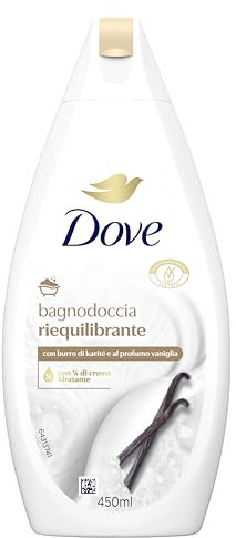 Dove Bagnodoccia Riequilibrante, Idratante Dermo-Naturale, Burro di Karité e Vaniglia, 1/4 Crema Idratante, Dermatologicamente Testato, Bagnoschiuma Uomo e Donna, 100%Bottiglia Riciclata*6 Pezzix450ml