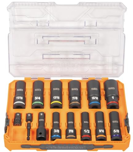 Klein Tools 65111IMPCT KNECT Deep-Well Impact Socket Set, 1/2-Inch Drive, SAE, Color Coded, MODbox Case, Impact Adapter and Extension, 14-Piece