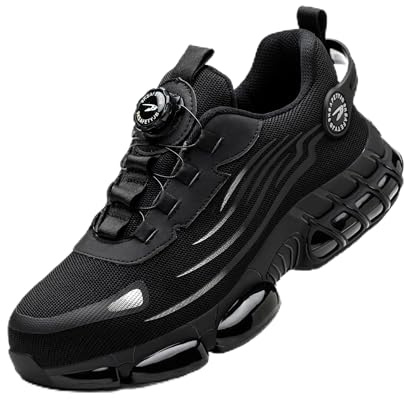 USOR Safety Trainers Mens Womens Steel Toe Cap Trainers Comfortable Lightweight Safety Shoes Swivel Buckle Shoelaces Non Slip Work Sneakers with Air Cushion Black43