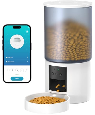 Automatic Cat Food Dispenser 6L: Cat & Dog Feeder for Pets with 1-6 Meals | WiFi Cat Dry Food Feeder for Cat Treats and Timer, Customized Schedule, Dual Power, 10s Voice Reminder, White