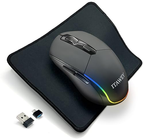 ITAWEY Wireless Mouse & Pad Set – Multicolor LED Strip, Bluetooth & USB Receiver, 6 Buttons, Rechargeable Battery, Silent Click Design, 3200 DPI – Compatible with PC, Laptop & Tablet (Black LED + Pad)