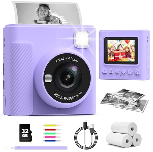 TIATUA Kids Camera Instant Print, 2.4'' Instant Camera for Kids with 32G Card & Print Photo Paper, 1080P Video Kids Digital Toy, Christmas Birthday Gifts for Boys Age 3-12 Years Old (Purple)
