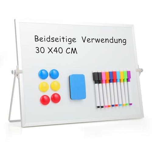 Magnetisches Whiteboard, Beidseitige Magnettafel Weiß mit Ständer, Kleine Desktop Schreibtafel 30x40cm, Whiteboard mit Ständer, Abwischbar & Vielseitig Verwendbar für Zuhause und Büro