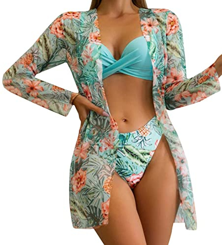 Bikini Damen Set, Badeanzug Damen Sexy, Bikinis 3 Teilig Bademode Bikinisets Bikini-Set Wickeloptik Bikinihose Grün Pink Boho Push Up Badebekleidung Curvy Teenager Mädchen Schwimmanzug