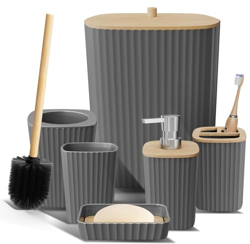 Clara Clark Bathroom Set - Grey Bathroom Accessories Set, 6PC Bathroom Accessory Set, Bathroom Sets with Toilet Brush, Trash Can & Soap Dispenser
