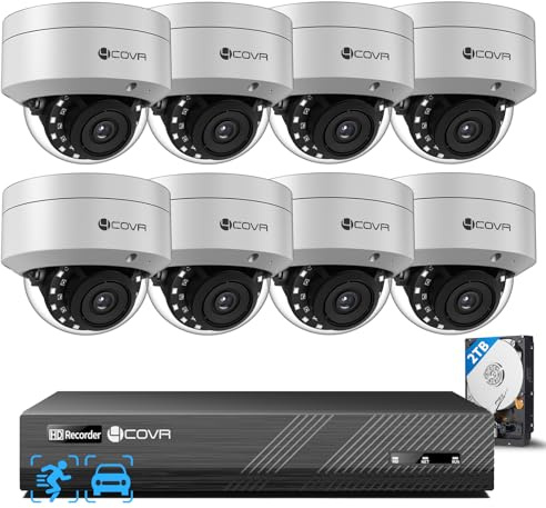 4COVR PoE CCTV Camera Systems 8 Channel, 8CH NVR 2TB HDD, ELY54AX5M0808 | 8×5MP Security IK10 Vandal-Proof IP67 Dome IP Camera with Audio, AI Human Vehicle Detection & IR Night Vision, 24/7 Recording