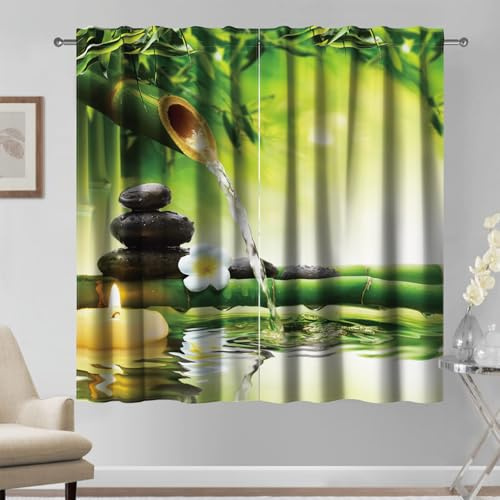 Kzzfqxb 140x229cm Tende con tasca per asta 2 pannelli, Spa Verde Bambù Trasparente acqua Ciottoli Candela Yoga Rilassante Finestre Tendaggi, Decorazione Zen per Camera da Letto Soggiorno