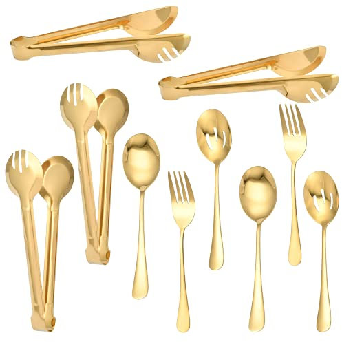 10 piezas de cubiertos de acero inoxidable para servir: juego de cucharas grandes, multiusos, dorado, apto para lavavajillas