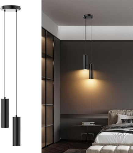 Klighten Lampada a Sospensione Cilindro GU10 Moderne 2 Luci, Lampadario a Sospensione in Alluminio per Soggiorno Camera da Letto Cucina Tavolo da Pranzo, Nero, Lampadina non Inclusa