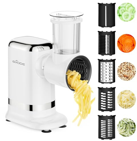 GVODE 5-in-1 Electric Cheese Grater and Vegetable Slicer – 700W Powerful Rotary Grater for the Kitchen with Multiple Attachments, White