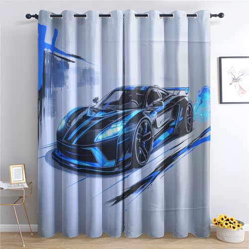 Luxfieo Rennwagen Vorhänge Jungen Sportwagen Autorennen Vorhang Blickdicht Gardinen 137 cm Hoch Verdunklungsvorhänge mit Ösen Thermovorhang für Wohnzimmer Schlafzimmer Fenster Deko 2er Set