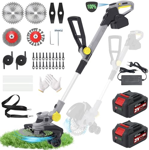 Rasentrimmer mit 21V,freischneider mit unkrautbürste,Freischneider akku | 6 Klingentypen,inkl 2×4.0Ah Akku & Ladegerät,750W Bürstenloser 2-in-1 Motor-pale gray