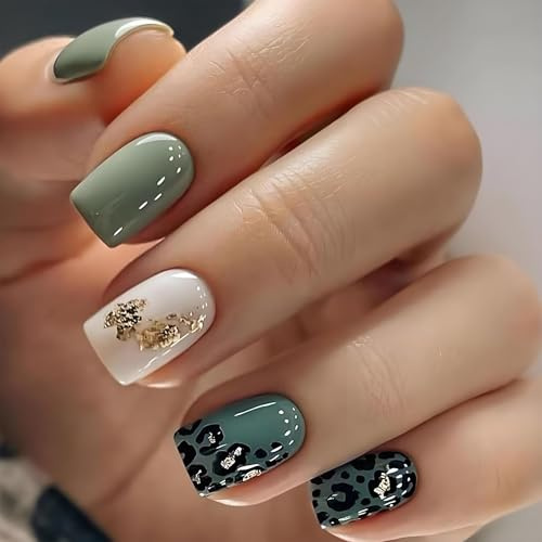 Square Tip Glossy False Nails Set with Glue - Short French Design Matte Grey Green, White & Leopard Print Artificial Nails for Women, Easy Application Kit with Glitter Accent