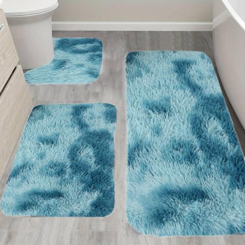 Bath Mat Set 3 Piece - Thick Bathroom Rug Soft Bath Mat For Bathroom Non Slip Machine Washable Toilet Carpet Microfiber Absorbent Bath Rug For Bath Room, Shower, Bathtub (Green)